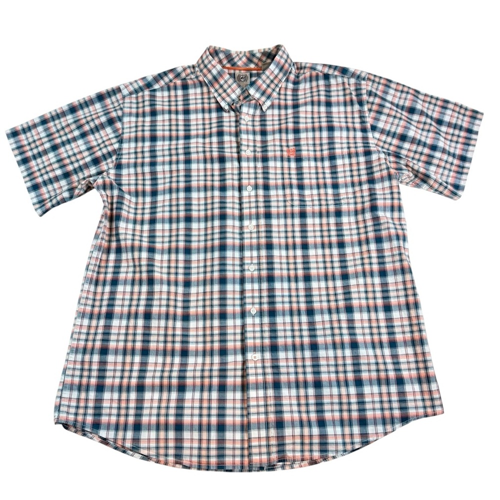 Cinch Button Down Western Shirt Mens XL Blue Peach Plaid Logo Short Sleeve Rodeo